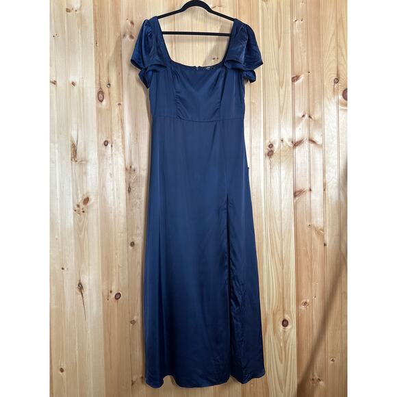 NWT Lulus Ultimate Sweetness Navy Satin Flutter Sleeve Maxi Dress Wedding Sz XL - Picture 2 of 9